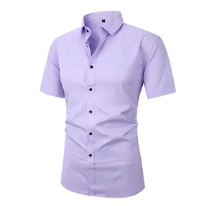 Men's short sleeve stretch shirt in lilac purple, business casual style on white background.