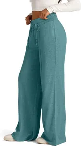 Side view of teal wide-leg sweatpants with drawstring waist and pocket details shown