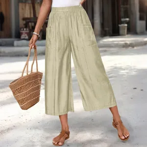 Casual khaki wide-leg cropped trousers for women with comfortable elastic waist and pockets