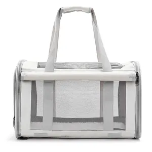 Foldable and breathable pet carrier bag for cats and small dogs, light gray finish