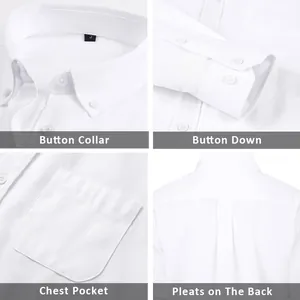Men's white long sleeve Oxford shirt features including button collar and chest pocket.