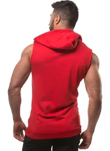 Back view of a men's red sleeveless gym hoodie vest showcasing muscle fit and hood detail.
