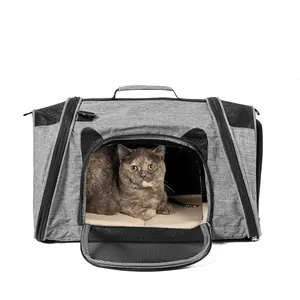 Interior detail of grey foldable pet carrier bag with cat looking through mesh
