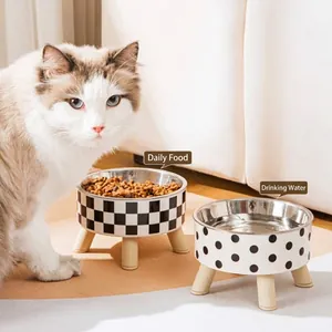 Verhoogde Roestvrijstalen Voerbak voor Honden en Katten Antislip Anti-Kantel Kattenbak met Houten Standaard