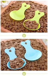 Candy-colored pet food scoops in green and blue for small animals and dry kibble.
