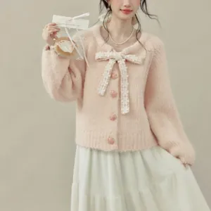 Cardigan in Maglia con Fiocco da Donna Dolce e Morbido Misto Lana Manica Raglan Abbottonato Patchwork Maglione per Autunno Inverno