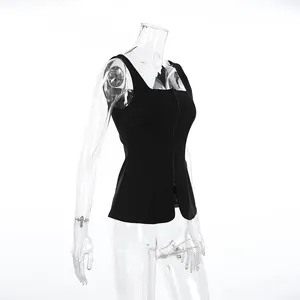 Detail side view of a black square neck sleeveless vest with front zipper on a model