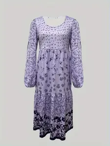 Elegant purple floral print long-sleeve dress with tiered midi skirt on plain background
