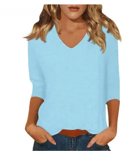 Frontal view of a casual light blue women's V-neck T-shirt with comfortable 3/4 sleeves