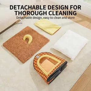 Detachable semi-enclosed pet bed house with plaid pattern and plush cushions