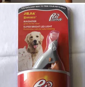 Pet nail clippers with LED light and 5x magnifier in retail packaging for dogs and cats