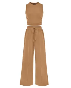 Detailed view of women's ribbed knit sleeveless tank top and drawstring wide leg pants set