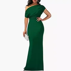 Robe longue moulante élégante vert foncé à une épaule pour fêtes et soirées formelles