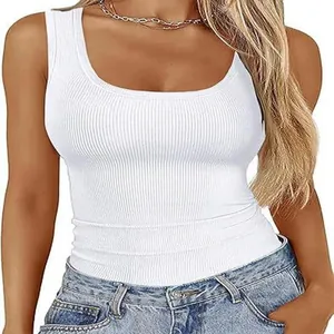 Damen Tank Top mit quadratischem Ausschnitt, geripptes weißes Basic Oberteil Damen