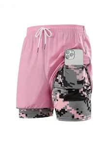 Women's pink athletic shorts with a hidden phone pocket and camo inner layer liner