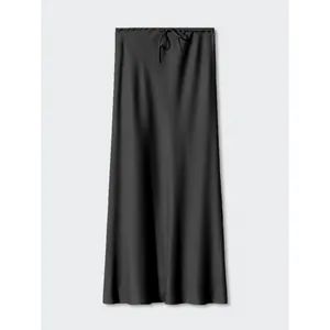 High waist acetate midi skirt in solid black with elegant drawstring waist design