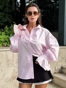 French style pink cotton shirt with puff sleeves and ruffled cuffs for women fashion