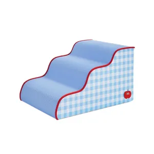 3-step curved pet stairs with blue gingham and corduroy fabric for small dogs