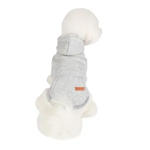 Detailed back view of a grey warm fleece-lined pet hoodie featuring a fashion patch