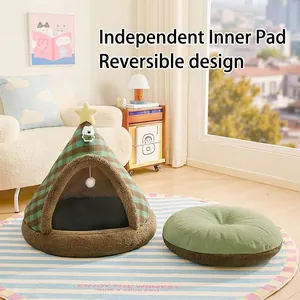 Cozy Christmas tree shaped enclosed pet tent with a soft reversible plush cushion