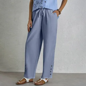 Women's blue cotton linen drawstring casual pants with button hem and pockets