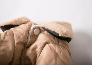 Makro-Detail des Kunstfellkragens und des gesteppten warmen Stoffes einer Hundewinterjacke