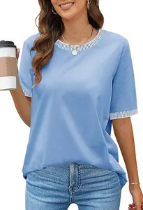 Casual women's light blue round neck short sleeve T-shirt with white striped trim detail