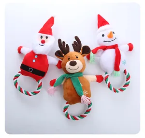 Kerst pluche hondenspeelgoed set met Kerstman, Rendier en Sneeuwpop met stevige touwringen.