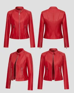 Vues détaillées de la veste courte en cuir PU rouge pour femme avec col montant et zips