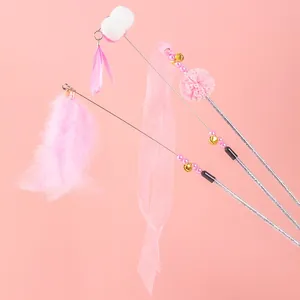 Set of 3 pink cat teaser wands with feathers, bells and ribbons for interactive play