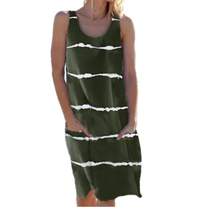 Detailed view of women's casual army green tank dress with stripe print and pockets
