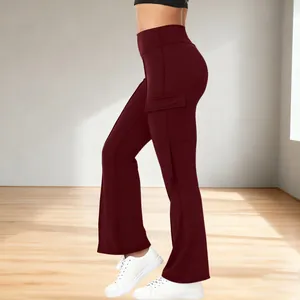Side view of burgundy high-waisted flared yoga pants with cargo side pocket detail.