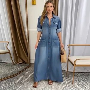 Elegant long-sleeved denim blue maxi dress with button-front and A-line silhouette