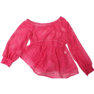 Top in rete rosa acceso a maniche lunghe con elegante design a spalla asimmetrica