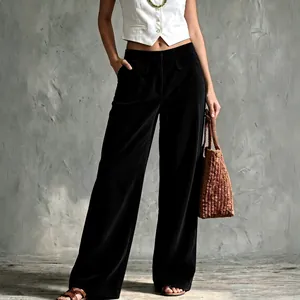 Retro black corduroy wide-leg pants for women featuring a high waist and front pockets