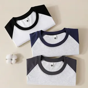 Men Women Heavy Cotton Raglan T-Shirt Contrast Color Patchwork Crew Neck Short Sleeve Top Streetwear Casual Breathable