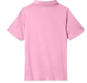 Detailed back view of a comfortable casual pink short-sleeved polo shirt for children