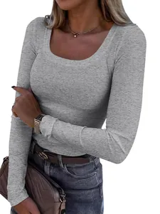 Women's slim fit ribbed long sleeve T-shirt with a stylish U-neckline in grey.