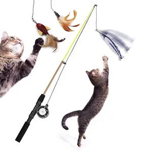 Telescopic Fishing Rod Cat Toy With Retractable Pole Plush Fish Feather Attachments Interactive Teaser Wand For Indoor Cats Kitten