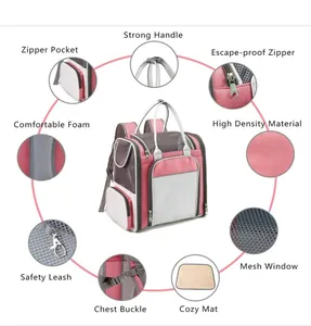 Detalles de la mochila rosa para mascotas con ventanas de malla y correa de seguridad