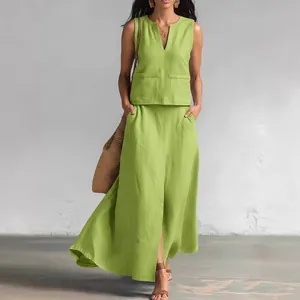 Elegant lime green sleeveless V-neck cotton linen top and maxi skirt two-piece set