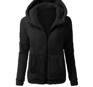 Women's solid black fuzzy sherpa hooded jacket with full zipper and two front pockets