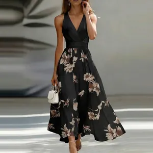 Elegant black V-neck maxi dress with vintage floral print and sleeveless design.