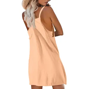 Back view of a casual peach sleeveless strap dress for women on a white background.