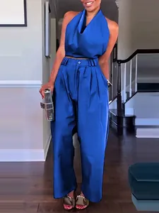 Modisches Sommer-Set 2025 mit Halter-Oberteil und weiter Hose für Damen in Blau