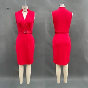 Red sleeveless v-neck dress with belt and pockets, front and back view on mannequin