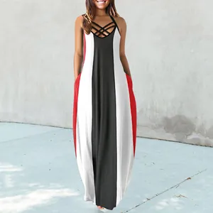 Women's casual sleeveless color-block maxi dress featuring a criss-cross neckline detail
