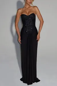 Detailed view of sexy black strapless sequin bodice evening gown with high waist