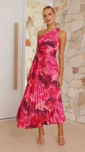 Elegant pink floral one-shoulder pleated midi dress featuring a stylish side cutout design