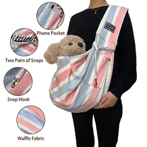 Waffle fabric striped pet carrier sling bag with mobile phone pocket for small dogs